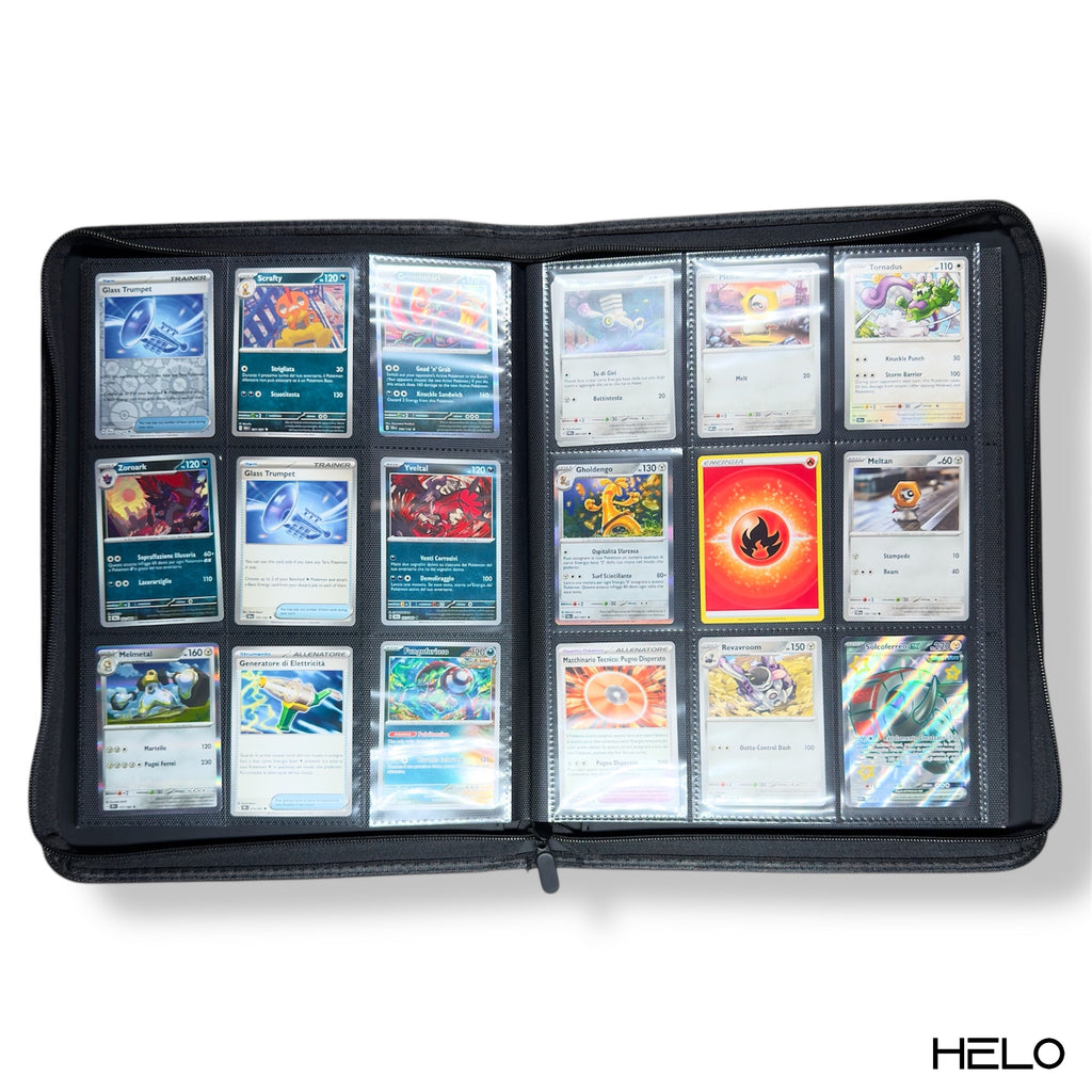 Raccoglitore 360 tasche aperto con carte Pokémon rare e olografiche - binder TCG pieno vista dall'alto