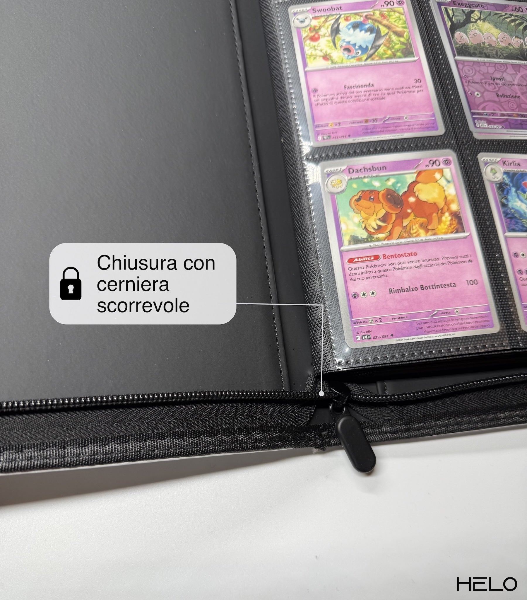Raccoglitore carte collezionabili con chiusura a cerniera scorrevole - dettaglio zip album binder TCG